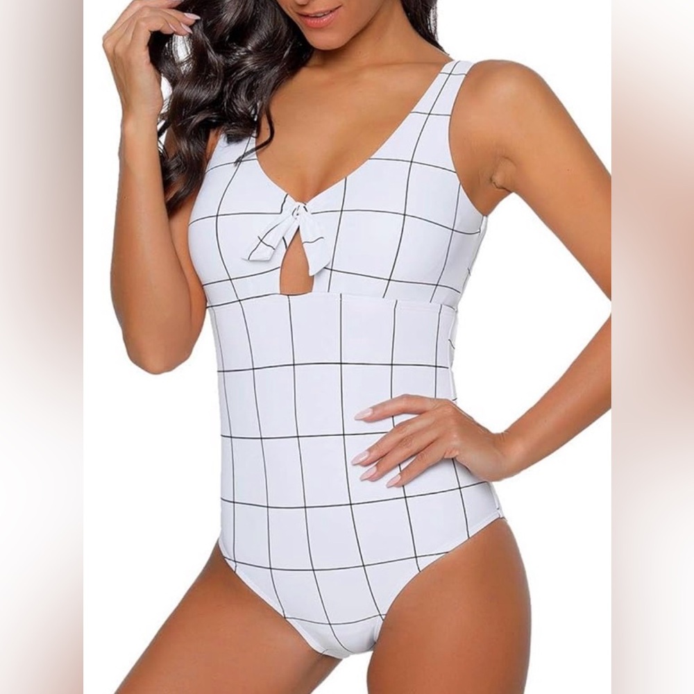 Albion Women's one-piece swimsuit white black grid pattern front tie detail XS